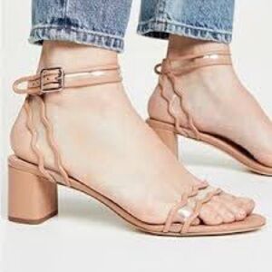 NIB Loeffler Randall sandal 7.5 Emi Anthropologie nude leather clear pvc inset